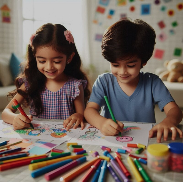 two-children-are-drawing-with-colorful-crayons-table